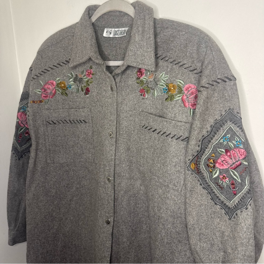 Gray Embroidered Button-Up Shirt - image 2